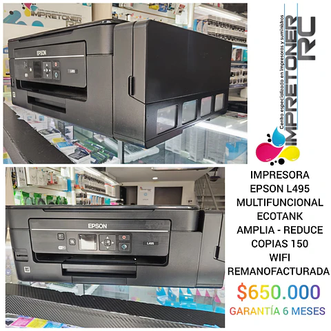 impresora epson l495,pantalla,multifuncional,ecotank,copia color,copia blanco y negro,wifi.
