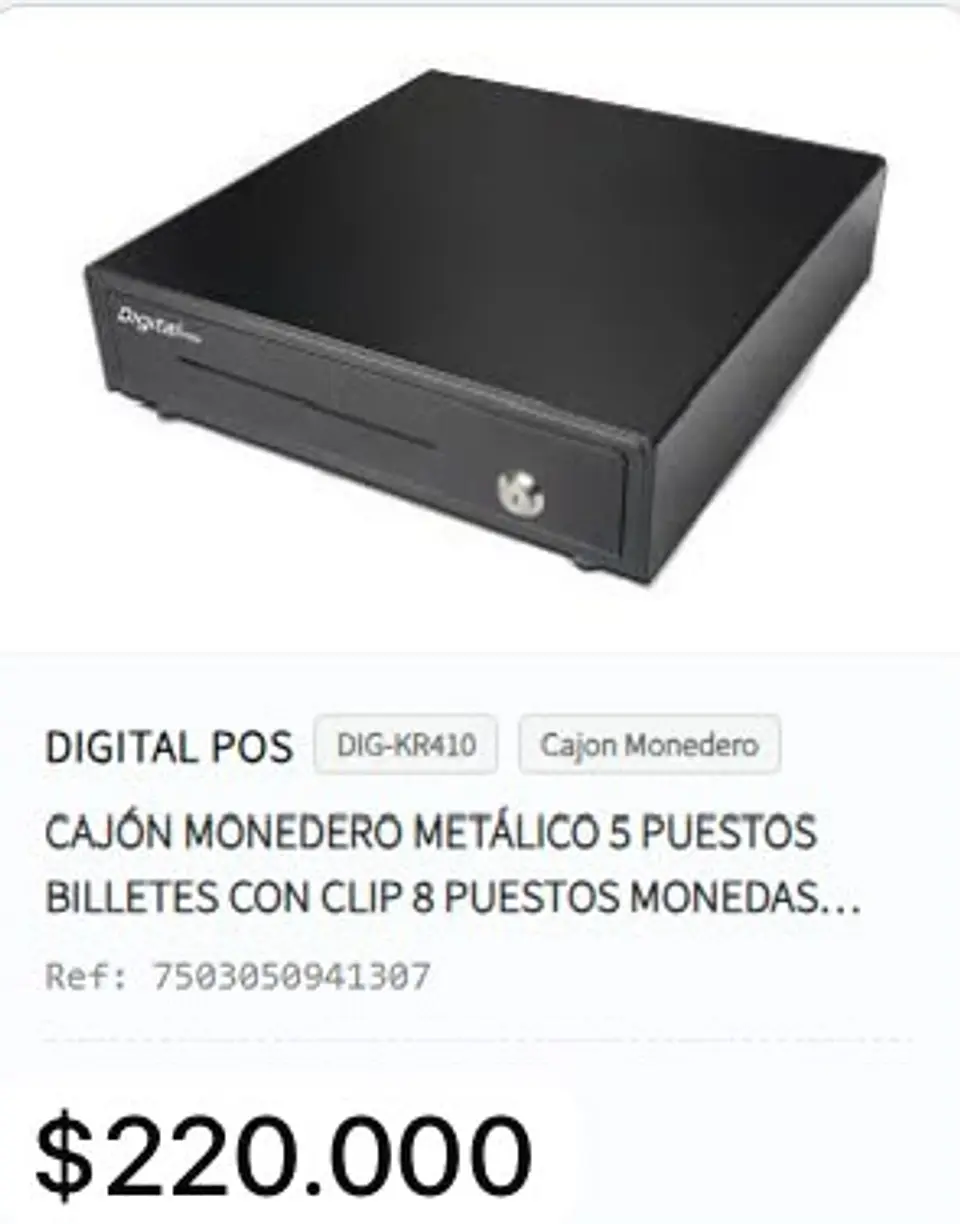 cajón monedero metálico 5 puestos billetes con clip 8 puestos monedas bandeja ext. riel metálico tamaño 41.5x41x10 cms estructura metal acerado 1