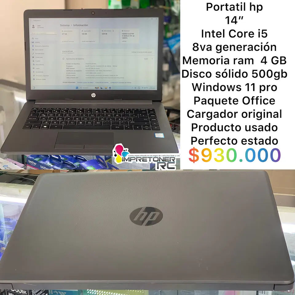 portatil hp core i5 8va,ram 4gb, disco hdd 500gb,windows 11. 1