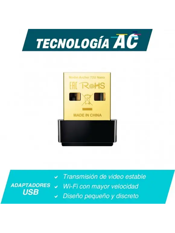 ADAPTADOR USB INALÁMBRICO AC600 TP-LINK ARCHER T2U NANO CON DOBLE BANDA DE ALTA VELOCIDAD 3