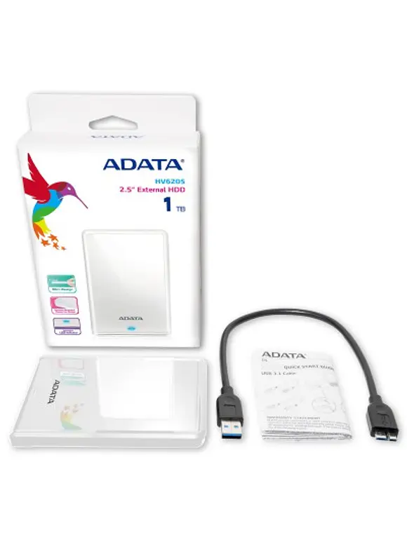 Disco Duro Externo ADATA HV620S, 1 TB, USB 3.2 Gen1 (compatible con las versiones anteriores USB 2.0), 2.5 pulgadas, Color blanco 3