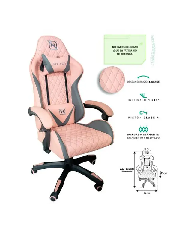 SILLA GAMER INCLINACION RESPALDO 145 CLASE 4 140-150KG NGS-01 FOAM 350MM 63CM*64CM*121-131CM COJIN LUMBAR Y CABEZA ROSA/GRIS 1