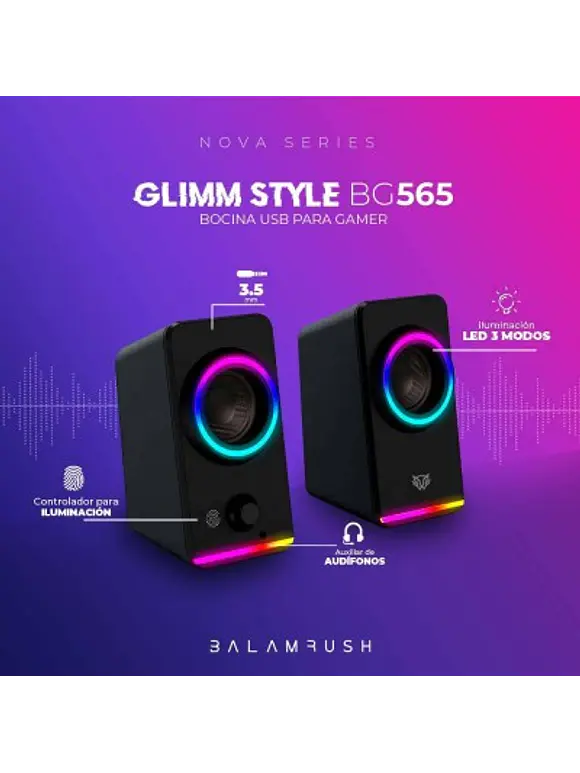 Bocinas 2.0 Gamer Glimm Style BG565 Balam Rush Conexión Bluetooth/Auxiliar, Controlador Touch, iluminación LED 3 modos, 10w RMS 3