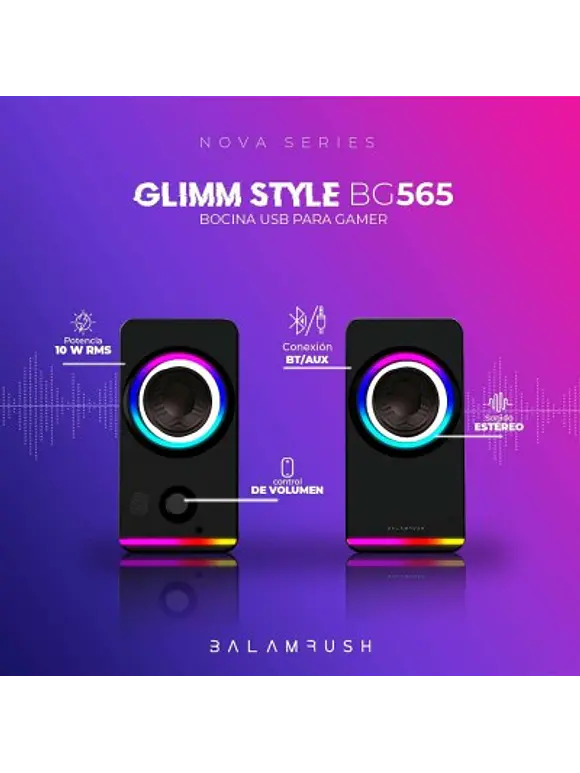 Bocinas 2.0 Gamer Glimm Style BG565 Balam Rush Conexión Bluetooth/Auxiliar, Controlador Touch, iluminación LED 3 modos, 10w RMS 4