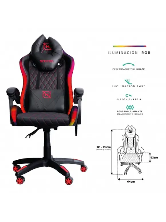 SILLA GAMER RGB INCLINACION RESPALDO 145 CLASE 4 140-150KG NSG-RGB1 FOAM 350MM 63CM*64CM*121-131CM COJIN LUMBAR Y CABEZA NEGRO/ROJO 1