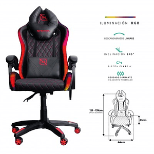SILLA GAMER RGB INCLINACION RESPALDO 145 CLASE 4 140-150KG NSG-RGB1 FOAM 350MM 63CM*64CM*121-131CM COJIN LUMBAR Y CABEZA NEGRO/ROJO