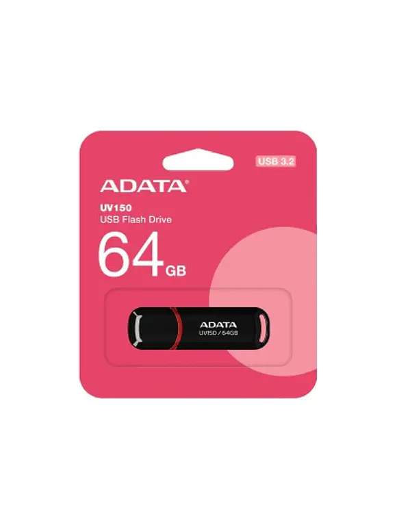 Memoria USB ADATA UV150, Negro, 64GB, USB 3.2 (retrocompatible con 3.0 y 2.0), 100 MB/s 1