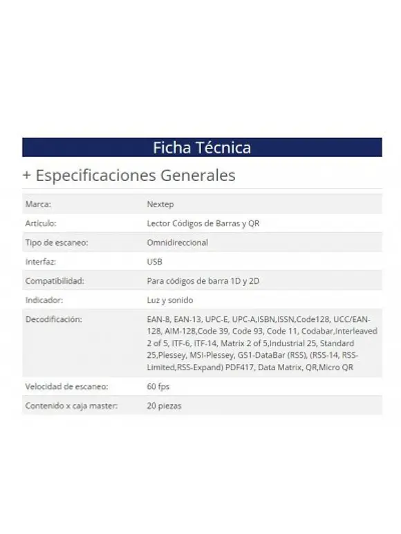 Lector de Códigos de Barra Nextep Omnidireccional QR(1D/2D) USB 2