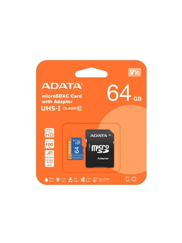 Micro SD ADATA AUSDX64GUICL10A1-RA1, 64 GB, 100 MB/s, 25 MB/s, Negro, Clase 10 2