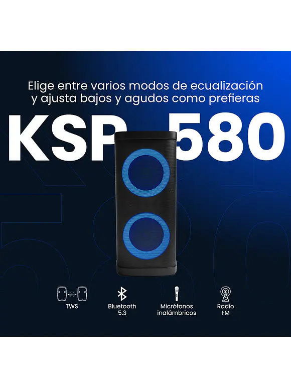 Bocina Vorago KSP-580 Bafle Karaoke speaker, Pantalla LCD, dos altavoces de 6.5 y 2 tweeters, aros con RGB, Micro SD, Bluetooth 5.0 3