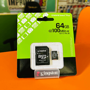 MEMORIA MICROSD KINGSTON CANVAS SELECT PLUS GEN3 64GB R.100MB/S CL10 UHS-I U1 V10 A1