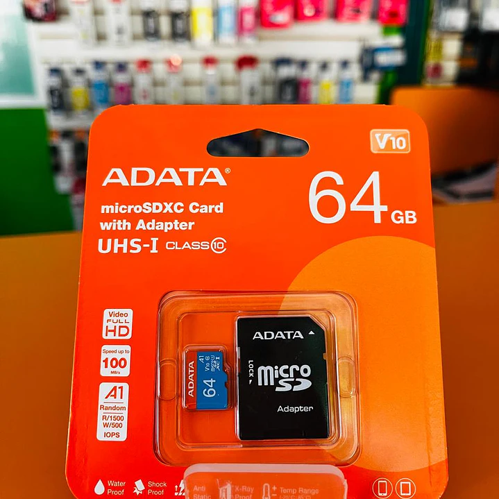 Micro SD ADATA AUSDX64GUICL10A1-RA1, 64 GB, 100 MB/s, 25 MB/s, Negro, Clase 10 1