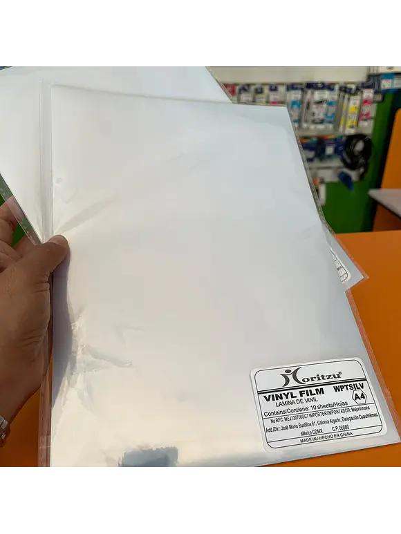VINIL AUTOADHESIVO PLATA IMPRIMIBLE TINTA COMÚN 10 HOJAS A4 3
