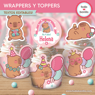Capibara rosa: wrappers y toppers para cupcakes Descarga GRATIS
