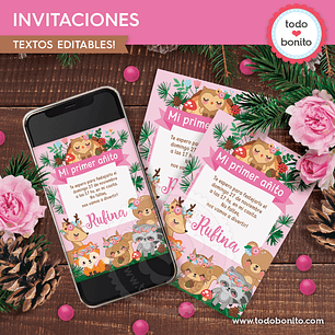 Animales del bosque rosa: invitación imprimible y digital Descarga GRATIS