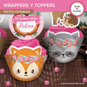 Animales del bosque rosa: wrappers y toppers cupcakes Descarga GRATIS