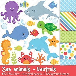 Kit Imprimible Animales Marinos 1- 30 Png 5 Fondos