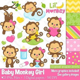 Kit Imprimible Baby Monkey Girl-25 Png / 5 Fondos 