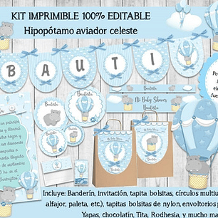 Kit Imprimible Candy Bar Hipopótamo Aviador 100% Editable