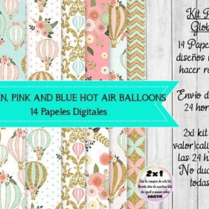Papeles Digitales Globos Aerostáticos Rosa Celeste Dorado