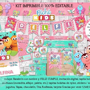 Kit Imprimible Candy Bar Bichi Kids Rosa 100% Editable