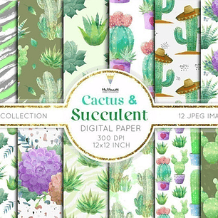 Papeles Digitales Cactus Suculentas Acuarela M10