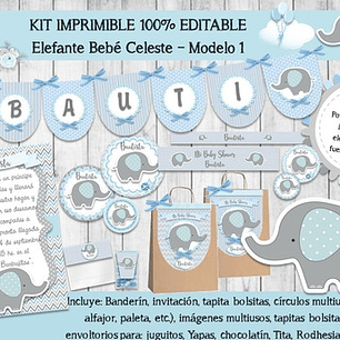 Kit Imprimible Elefante Bebé Celeste Mod.1 100% Editable
