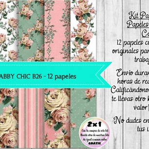 Papeles Digitales Shabby Chic Vintage Rosa Y Verde B26
