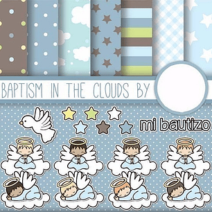 Kit Imprimible  Bautismo Celeste 1 -  7 Fondos Y 16 Imágenes