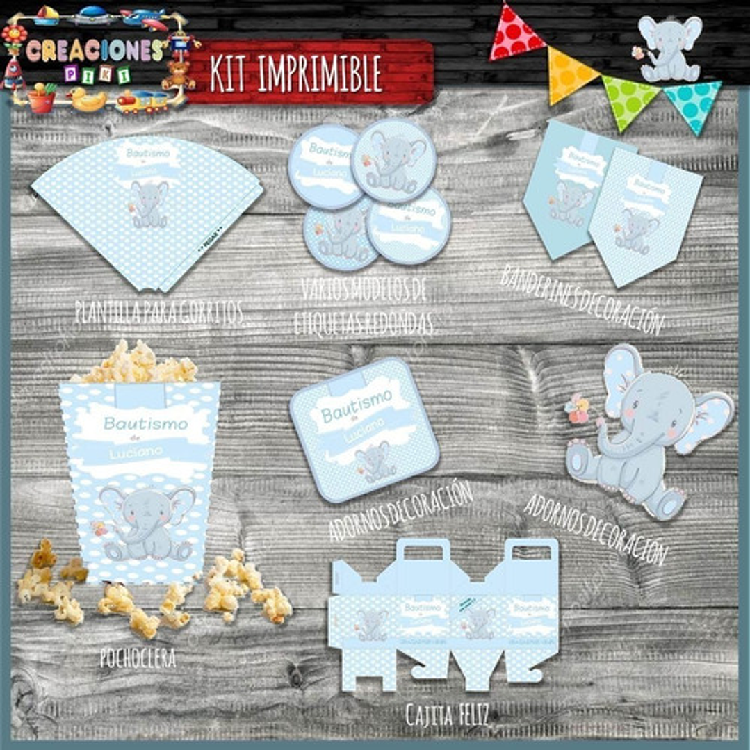 Kit Imprimible Candy Bar Bautismo Elefante Bebe Nene Full 4
