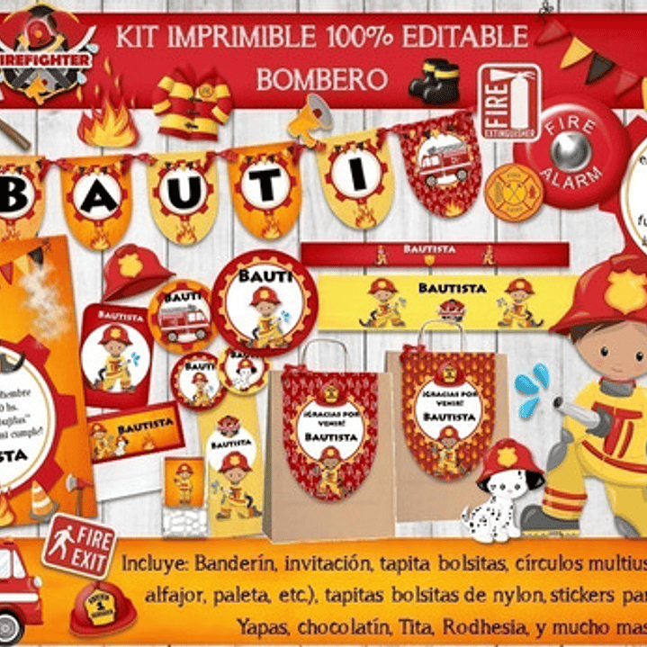 Kit Imprimible Candy Bar Bombero 100% Editable 1