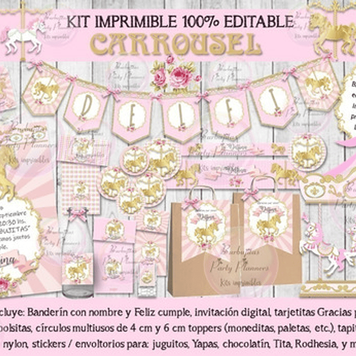 Kit Imprimible Candy Bar Carrousel Rosa Dorado 100% Editable 1