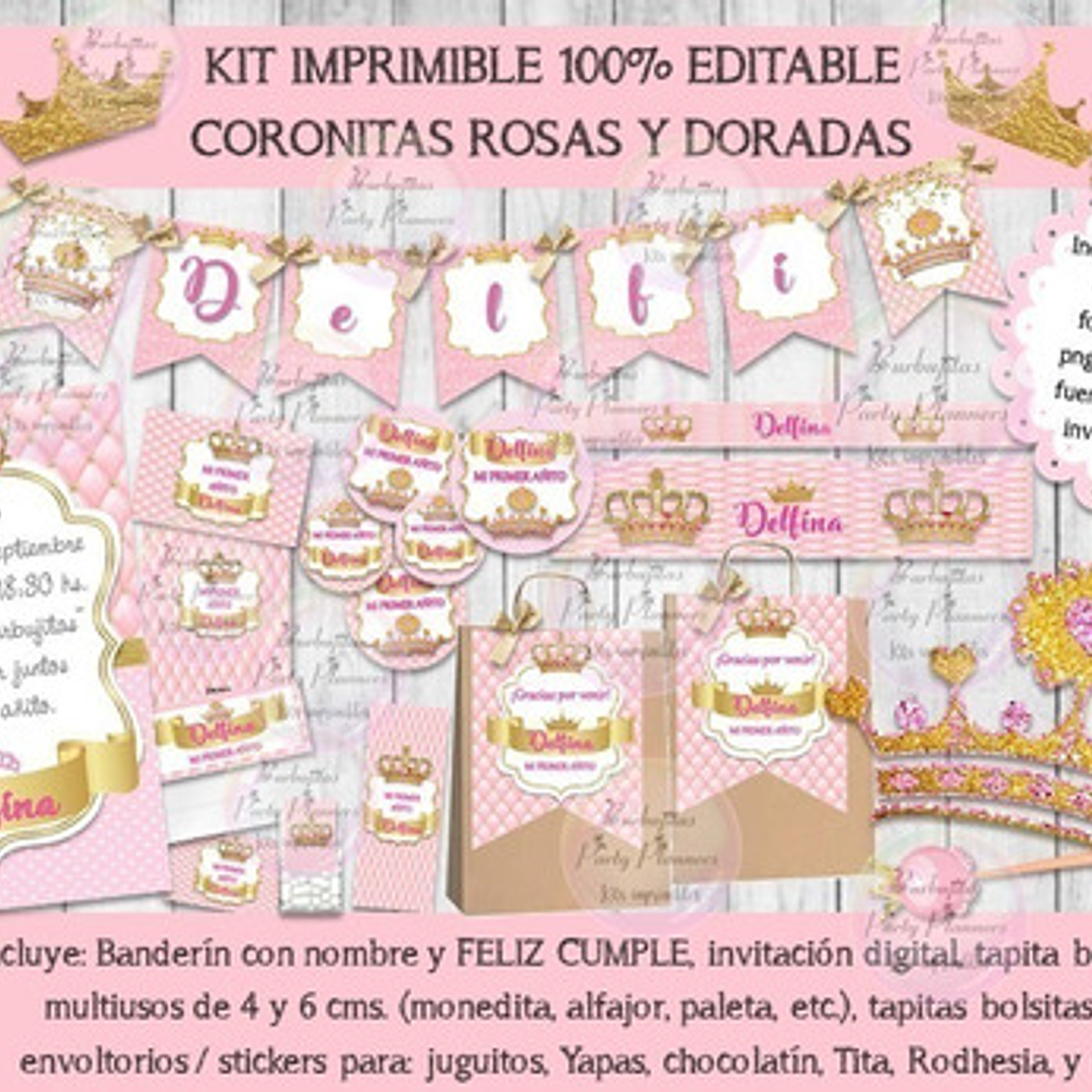 Kit Imprimible Coronitas Rosas Y Doradas 100% Editable 1
