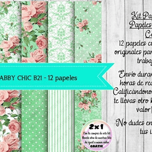 Papeles Digitales Shabby Chic Verde Aguamarino Y Rosa B21