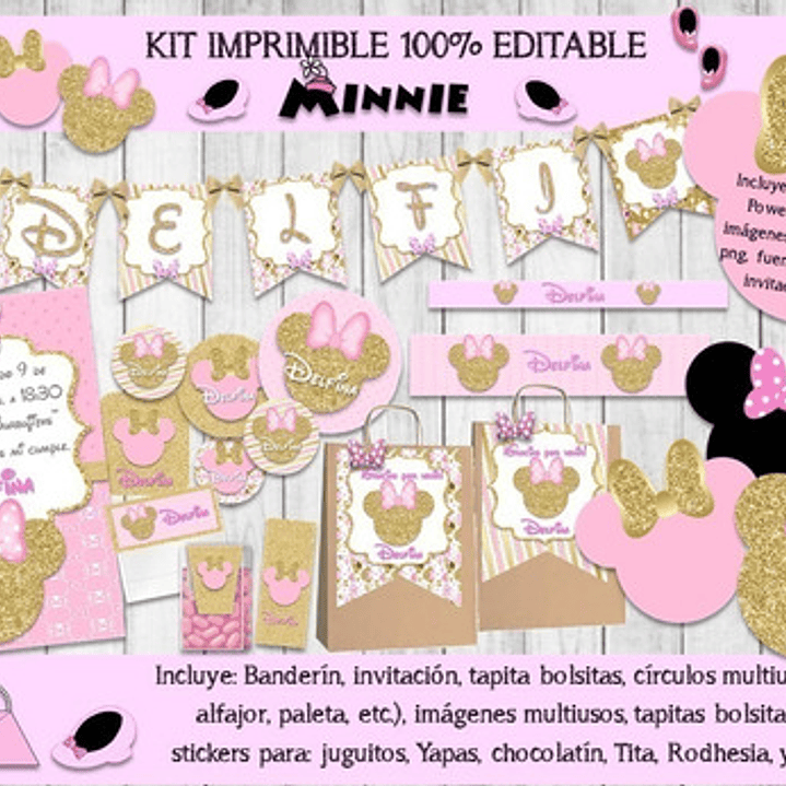 Kit Imprimible Minnie Rosa Y Dorado 100% Editable 1