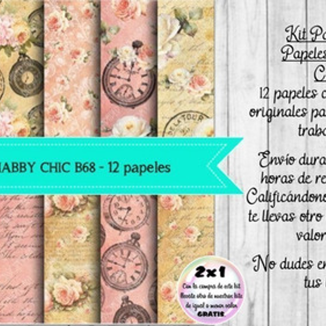 Papeles Digitales Shabby Chic Vintage Beige Y Rosa Reloj B68 1