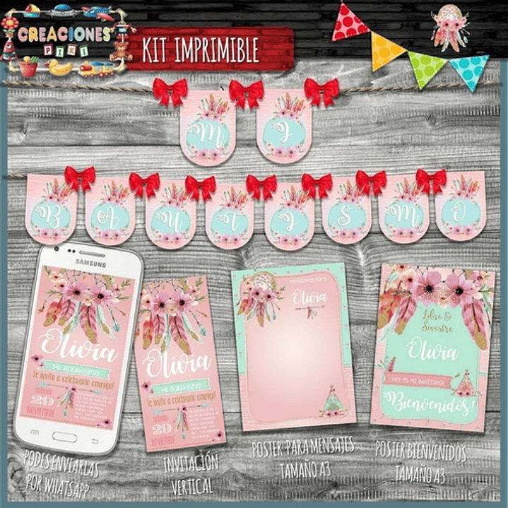 Kit Imprimible Candy Bar Carpa India Teepee Bautismo Full 2