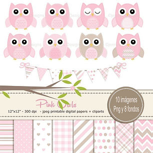 Kit Imprimible  Búhos Nenas 10 Clipart - 8 Fondos