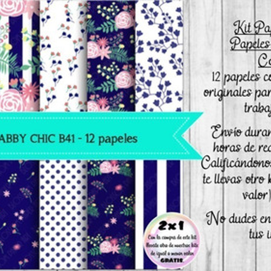 Papeles Digitales Shabby Chic Vintage Azul Y Blanco B41 1