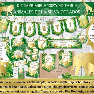 Kit Imprimible Animales De La Selva Dorados 100% Editable