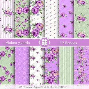 Kit Imprimible  Violeta Y Verde 12 Fondos
