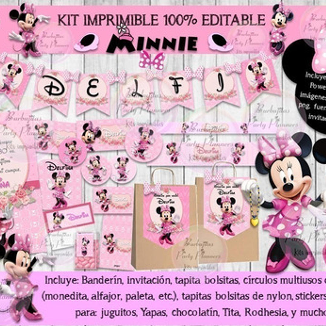 Kit Imprimible Candy Bar Minnie Rosa 100% Editable 1