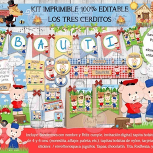 Kit Imprimible Candy Bar Los Tres Cerditos 100% Editable