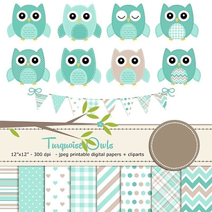 Kit Imprimible  Búhos Turquesa - 10 Imágenes 8 Fondos