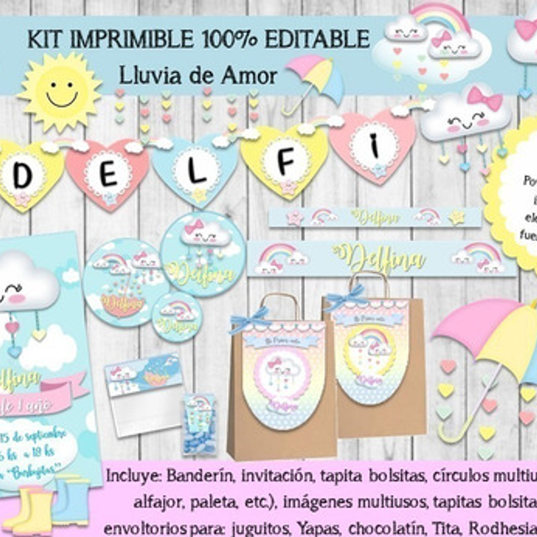 Kit Imprimible Candy Bar Lluvia De Amor Mod. 1 100% Editable 1