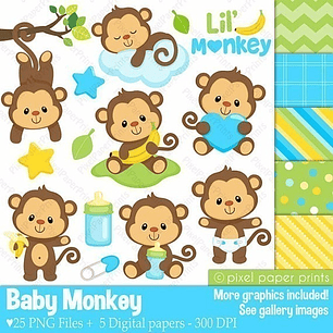 Kit Imprimible Baby Monkey Boy - 25 Png / 5 Fondos