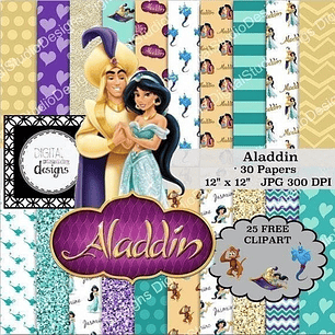 Kit Imprimible Aladin 25 Clipart - 30 Fondos