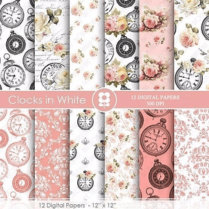 Kit Imprimible Vintage Clocks In White 12 Fondos