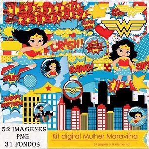 Kit Imprimible Mujer Maravilla 02 -  52 Clipart  31 Fondos