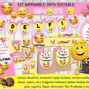 Kit Imprimible Candy Bar Emoji Rosa 100% Editable